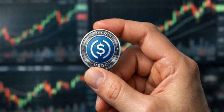 Mano sosteniendo moneda USDC con logo visible frente a gráficos bursátiles desenfocados en fondo financiero dinámico.