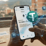 Una persona sostiene un teléfono móvil mientras visualiza tokens que parecen USDT,