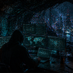 Un atacante cibernético operando desde una cueva para hackear sistemas digitales.