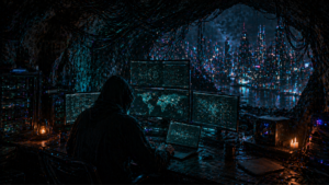 Un atacante cibernético operando desde una cueva para hackear sistemas digitales.