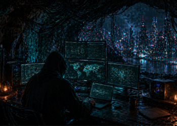 Un atacante cibernético operando desde una cueva para hackear sistemas digitales.