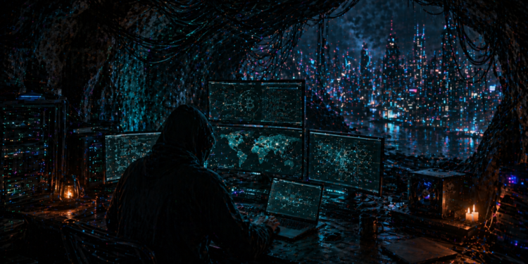 Un atacante cibernético operando desde una cueva para hackear sistemas digitales.