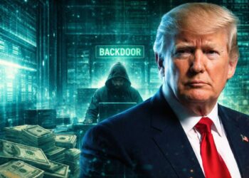 Donald Trump junto a un hacker operando un backdoor.