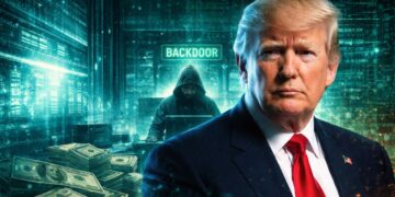 Donald Trump junto a un hacker operando un backdoor.