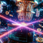 Una wallet de Bitcoin con monedas de BTC y una computadora cuántica.