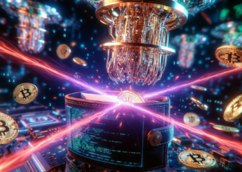 Una wallet de Bitcoin con monedas de BTC y una computadora cuántica.