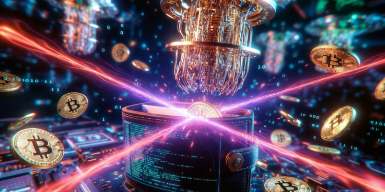 Una wallet de Bitcoin con monedas de BTC y una computadora cuántica.