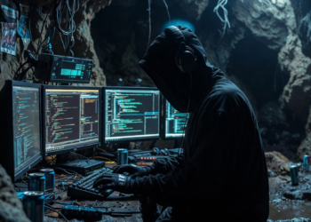 Un atacante cibernético operando con computadoras.