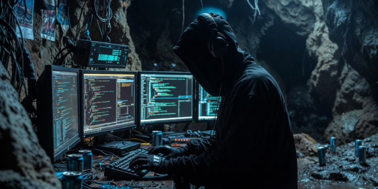 Un atacante cibernético operando con computadoras.