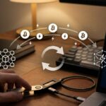 La mano de una persona operando una wallet, conectada a una computadora con un invoice de Lightning Network