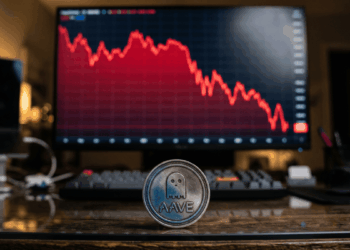 En primer plano, moneda de Aave. En el fondo, gráfico rojo de precio cayendo.