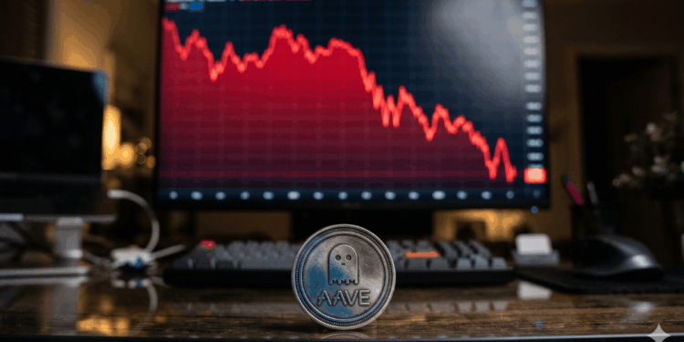 En primer plano, moneda de Aave. En el fondo, gráfico rojo de precio cayendo.