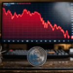 En primer plano, moneda física de Aave. En el fondo, un gráfico genérico de precio cayendo.