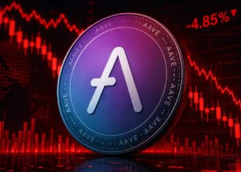 Una moneda física con el logo de aave delante de un gráfico de precios en rojo.