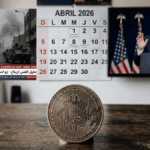En primer plano, sobre una mesa, una moneda fรญsica de bitcoin. En el fondo: un calendario abierto en abril de 2026, imรกgenes televisivas genรฉricas de guerra en irรกn, y el presidente Donald Trump dando un discurso.