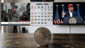 En primer plano, sobre una mesa, una moneda física de bitcoin. En el fondo: un calendario abierto en abril de 2026, imágenes televisivas genéricas de guerra en irán, y el presidente Donald Trump dando un discurso.