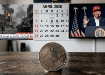 En primer plano, sobre una mesa, una moneda física de bitcoin. En el fondo: un calendario abierto en abril de 2026, imágenes televisivas genéricas de guerra en irán, y el presidente Donald Trump dando un discurso.