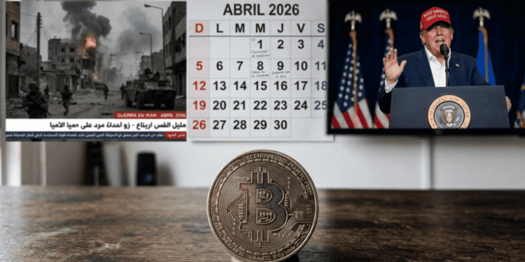 En primer plano, sobre una mesa, una moneda física de bitcoin. En el fondo: un calendario abierto en abril de 2026, imágenes televisivas genéricas de guerra en irán, y el presidente Donald Trump dando un discurso.