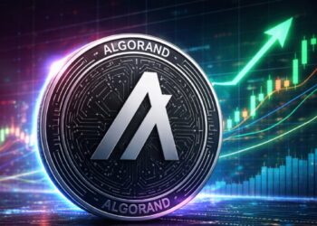 Una moneda física de algorand rodeada de gráficos de precios