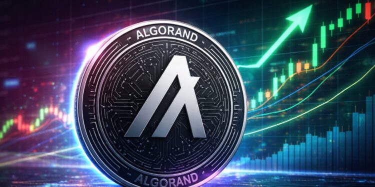 Una moneda física de algorand rodeada de gráficos de precios