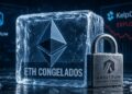 Un cubo de hielo con el logo de Ethereum junto a un candado con el logo de Arbitrum.
