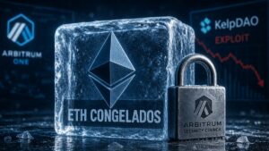 Un cubo de hielo con el logo de Ethereum junto a un candado con el logo de Arbitrum.