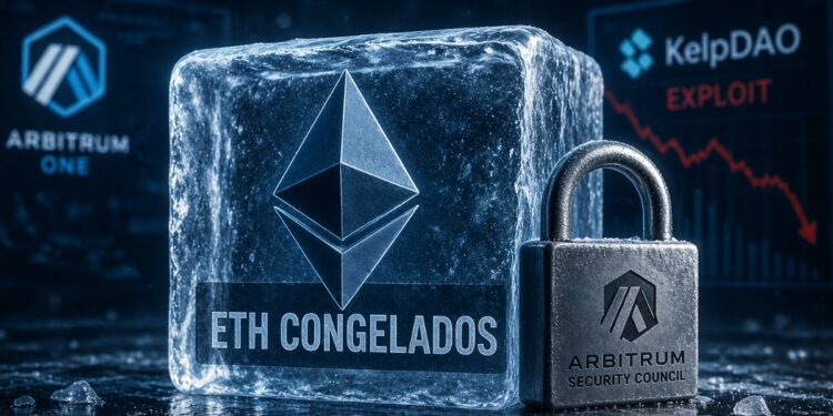 Un cubo de hielo con el logo de Ethereum junto a un candado con el logo de Arbitrum.