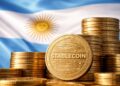 Bandera de Argentina y monedas apiladas que tienen grabada la palabra "Stablecoin".
