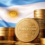 Bandera de Argentina y monedas apiladas que tienen grabada la palabra "Stablecoin".