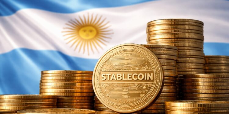 Bandera de Argentina y monedas apiladas que tienen grabada la palabra "Stablecoin".