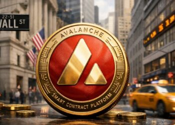 Moneda de avalanche (AVAX) en primer plano sobre Wall Street, con fondo urbano.
