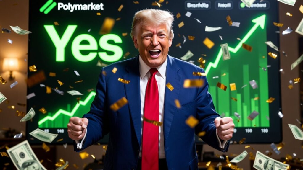 Donald Trump bailando con alegría, rodeado de confeti y billetes de dólar.