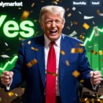 Donald Trump bailando con alegría, rodeado de confeti y billetes de dólar.