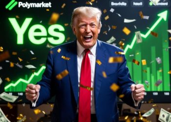 Donald Trump bailando con alegría, rodeado de confeti y billetes de dólar.