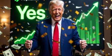 Donald Trump bailando con alegría, rodeado de confeti y billetes de dólar.