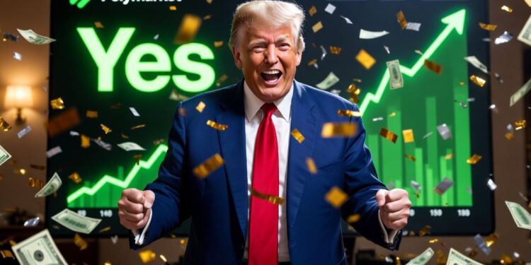 Donald Trump bailando con alegría, rodeado de confeti y billetes de dólar.