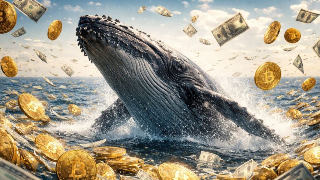 Ballena emergiendo del mar rodeada de monedas físicas de bitcoin y billetes de dólar flotando.