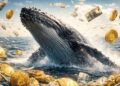 Ballena emergiendo del mar rodeada de monedas físicas de bitcoin y billetes de dólar flotando.