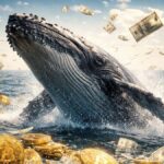 Ballena emergiendo del mar rodeada de monedas físicas de bitcoin y billetes de dólar flotando.
