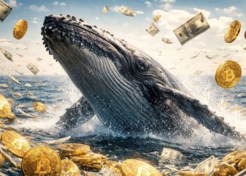 Ballena emergiendo del mar rodeada de monedas físicas de bitcoin y billetes de dólar flotando.