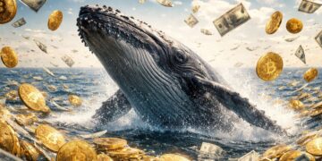 Ballena emergiendo del mar rodeada de monedas físicas de bitcoin y billetes de dólar flotando.