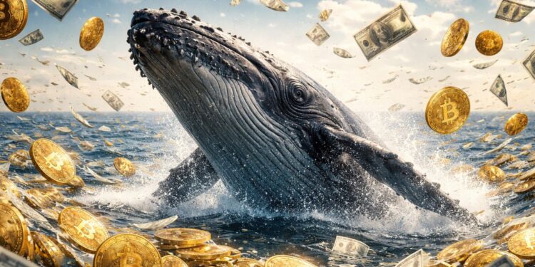 Ballena emergiendo del mar rodeada de monedas físicas de bitcoin y billetes de dólar flotando.