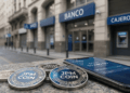 En primer plano, monedas físicas de JPM Coin. En el fondo: imágenes genéricas de bancos argentinos.