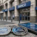 En primer plano, monedas físicas de JPM Coin. En el fondo: imágenes genéricas de bancos argentinos.