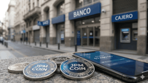 En primer plano, monedas físicas de JPM Coin. En el fondo: imágenes genéricas de bancos argentinos.
