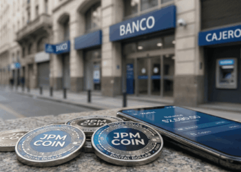 En primer plano, monedas físicas de JPM Coin. En el fondo: imágenes genéricas de bancos argentinos.
