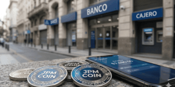 En primer plano, monedas físicas de JPM Coin. En el fondo: imágenes genéricas de bancos argentinos.