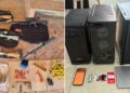 Computadoras, armas de fuego y pendrives incautados en el operativo