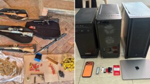 Computadoras, armas de fuego y pendrives incautados en el operativo