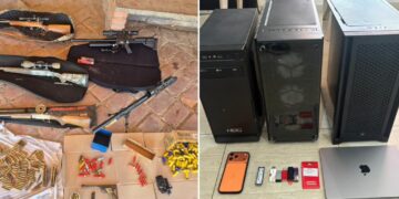 Computadoras, armas de fuego y pendrives incautados en el operativo